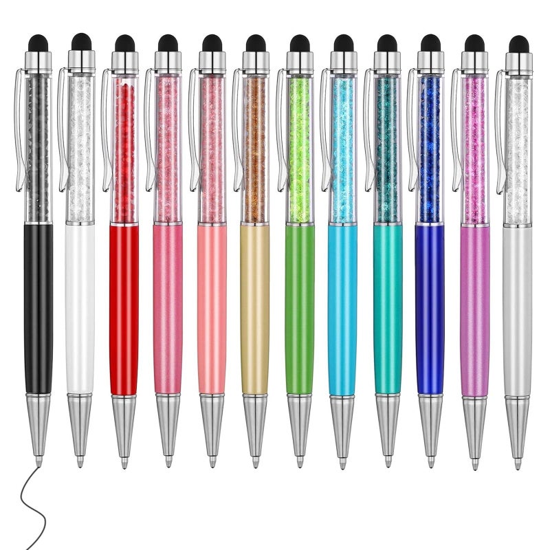 MengRan Cute Pens with Stylus Tip, 2 in 1 Black Ink Ballpoint Pens and Slim Crystal Stylus Pens for Touch Screens(12 colors) - Image 1